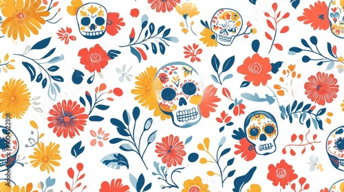 Pattern Illustration of Mariachi Music Elements, Skulls, and Flowers in Traditional Mexican Art Style