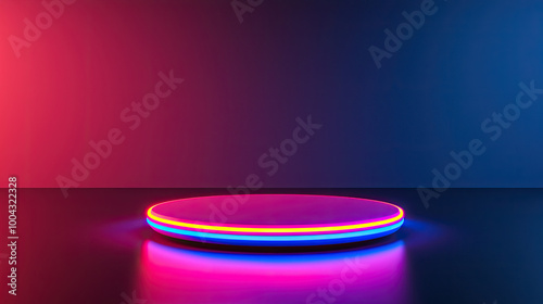 A vibrant, illuminated stage with neon lights in pink and blue, perfect for presentations or artistic displays.