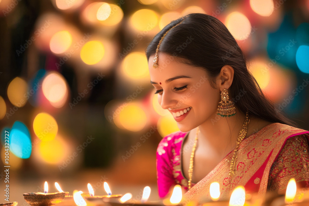 young indian woman sitting with oil lamps on diwali festival young indian woman sitting with oil lamps on diwali festival