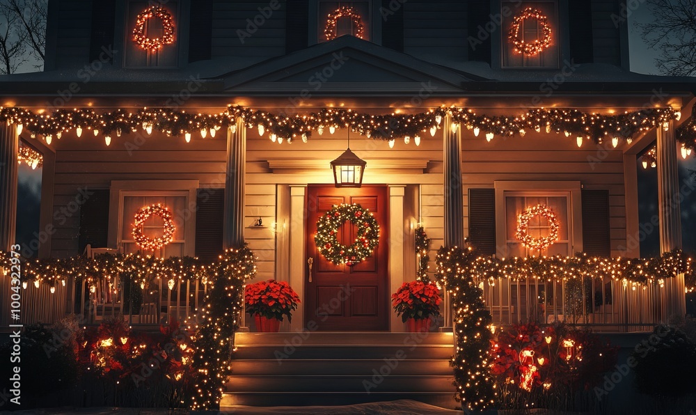 Obraz premium Festive American Home Adorned with Christmas Cheer, AI generated illustration
