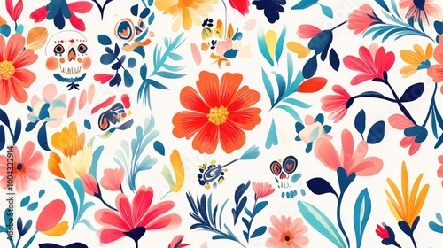 Pattern Illustration of Mariachi Music Elements, Skulls, and Flowers in Traditional Mexican Art Style