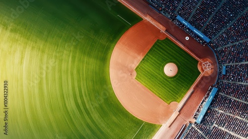Aerial view of a baseball stadium during a championship game, packed stands, baseball, tournament, sports venue