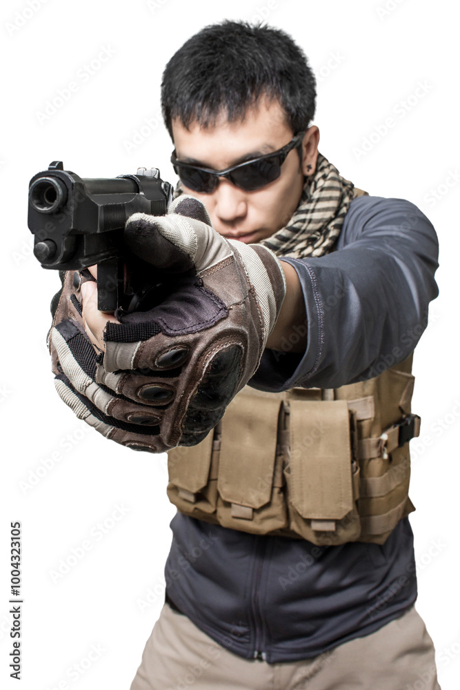 Private military contractor man with modern sub machine gun weapon die cut transparent Private military contractor man with modern sub machine gun weapon die cut transparent