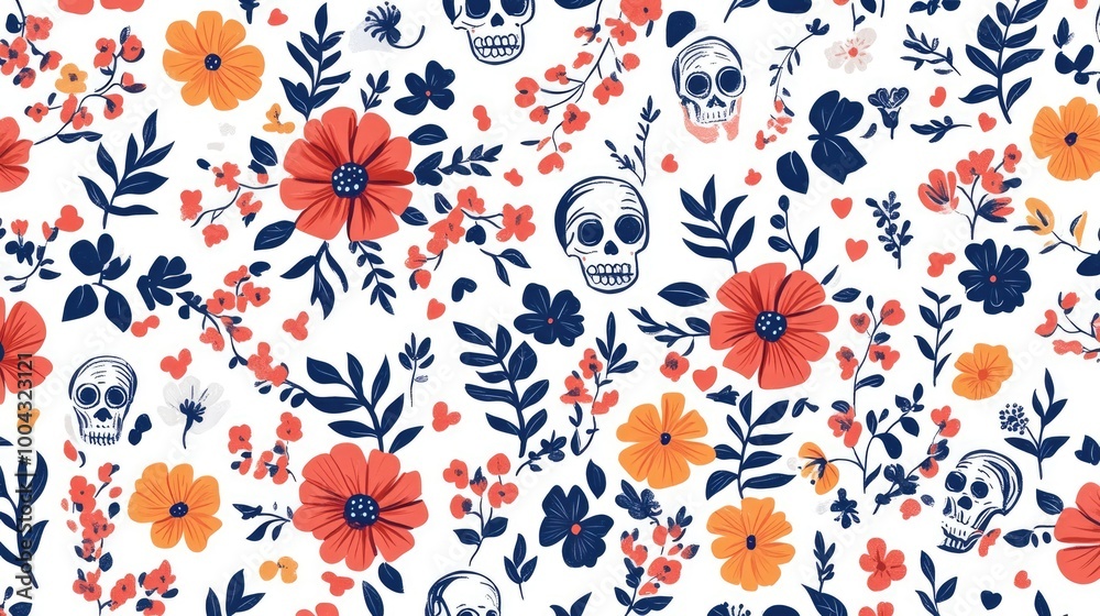 Pattern Illustration of Mariachi Music Elements, Skulls, and Flowers in Traditional Mexican Art Style Pattern Illustration of Mariachi Music Elements, Skulls, and Flowers in Traditional Mexican Art Style
