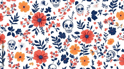 Pattern Illustration of Mariachi Music Elements, Skulls, and Flowers in Traditional Mexican Art Style