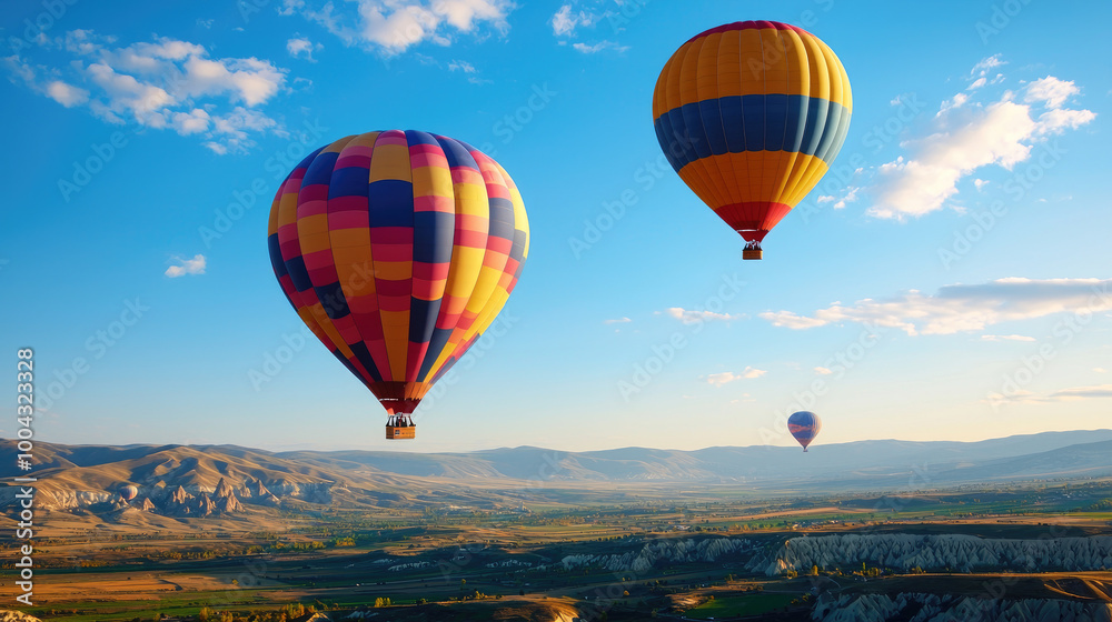Fototapeta premium Colorful hot air balloons soaring in a clear blue sky, above picturesque valleys and distant hills, capturing the essence of adventure.