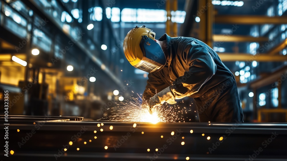 Skilled welder performing precision work in a manufacturing facility during the late afternoon hours with sparks flying around Skilled welder performing precision work in a manufacturing facility during the late afternoon hours with sparks flying around