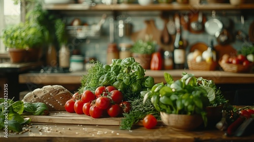 Fresh Rustic Kitchen Scene with Vegetables and Herbs