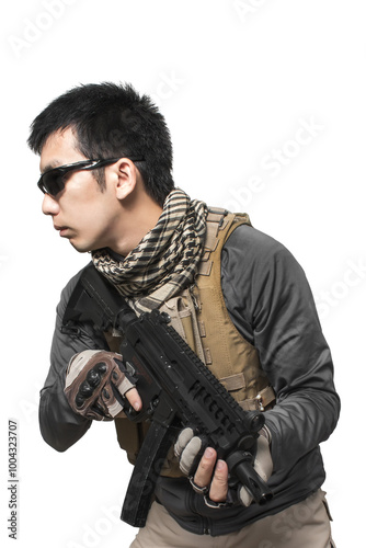 Private military contractor man with modern sub machine gun weapon die cut transparent