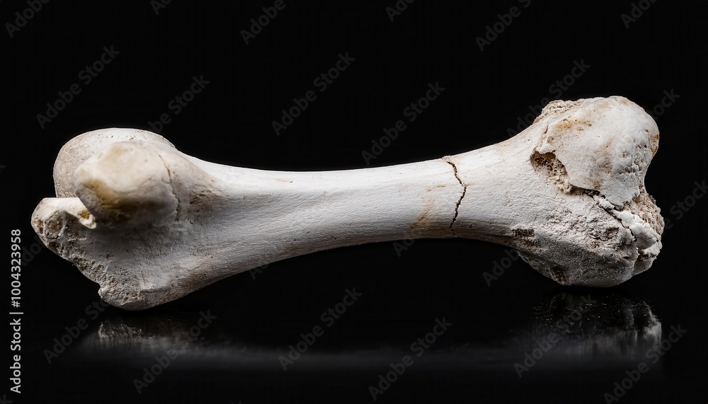 Fototapeta premium Close-Up of a Weathered Animal Femur Bone with Eroded Epiphyses on a Black Background, Showing Surface Texture and Structural Degradation. Halloween Themed Design 