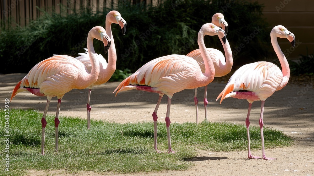 Colorful flamingos gather in a vibrant grassy space, showcasing their elegance among the surrounding greenery and trees during a tranquil moment in nature Colorful flamingos gather in a vibrant grassy space, showcasing their elegance among the surrounding greenery and trees during a tranquil moment in nature
