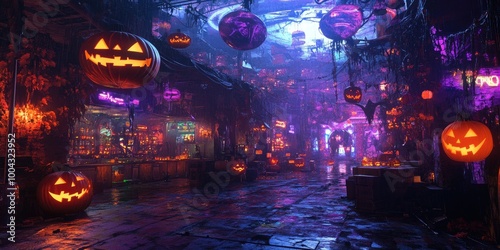 Halloween party in a dystopian nightclub, neon lights and cyberpunk music creating a futuristic atmosphere