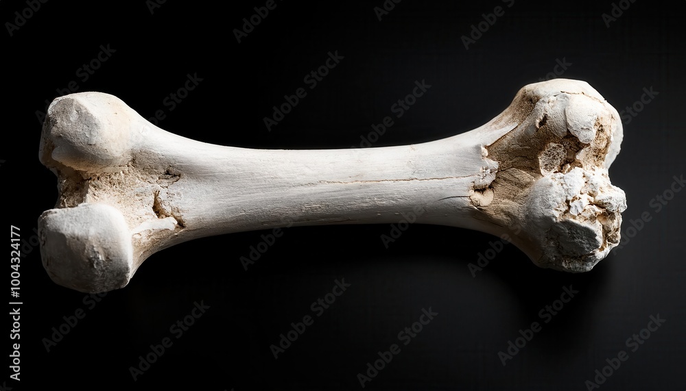 Fototapeta premium Close-Up of a Weathered Animal Femur Bone with Eroded Epiphyses on a Black Background, Showing Surface Texture and Structural Degradation. Halloween Themed Design 