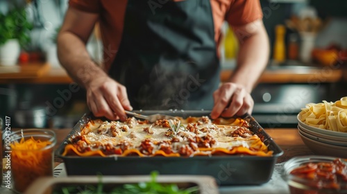Homemade Lasagna Preparation in a Cozy Kitchen