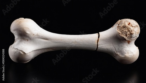 Close-Up of a Weathered Animal Femur Bone with Eroded Epiphyses on a Black Background, Showing Surface Texture and Structural Degradation. Halloween Themed Design  photo