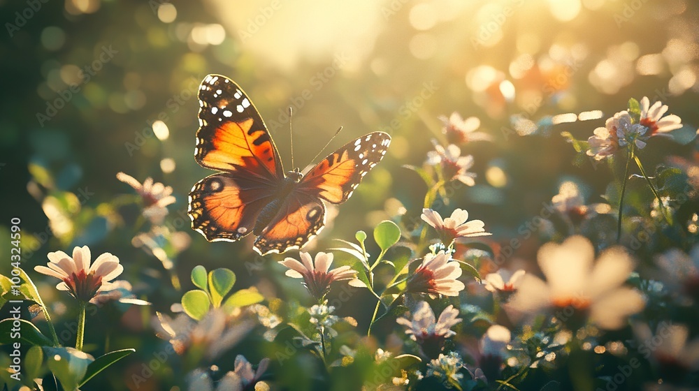 Butterfly resting on flowers in a sunlit garden. Butterfly resting on flowers in a sunlit garden.