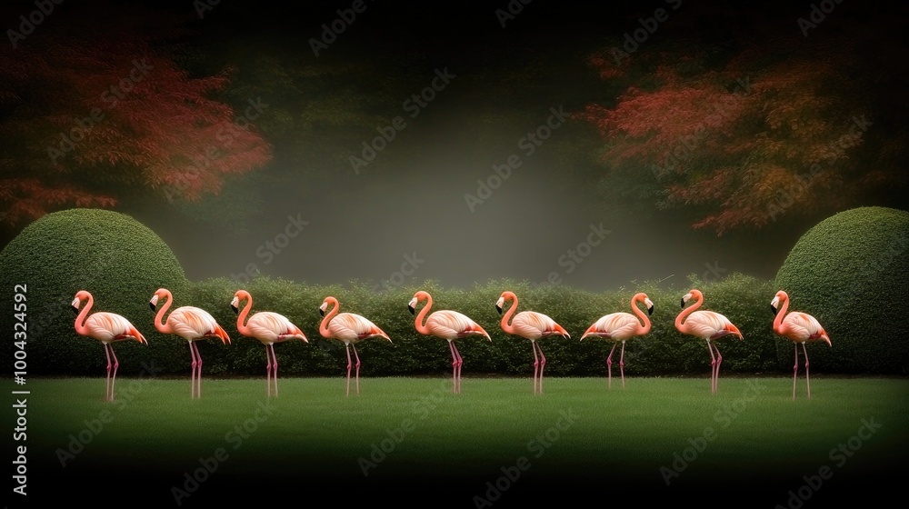 Naklejka premium Colorful flamingos gather in a vibrant grassy space, showcasing their elegance among the surrounding greenery and trees during a tranquil moment in nature