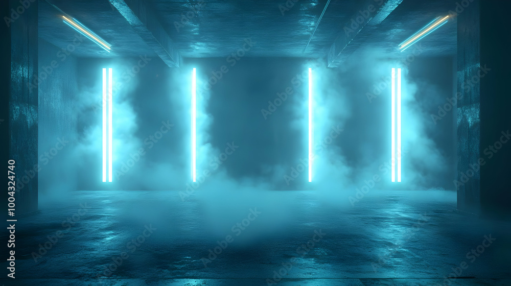 Abstract 3D Background with Blue Neon Lights and Smoke Abstract 3D Background with Blue Neon Lights and Smoke