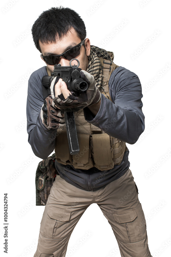 Private military contractor man with modern sub machine gun weapon die cut transparent Private military contractor man with modern sub machine gun weapon die cut transparent