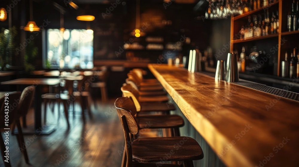 Cozy Bar with Dark Wooden Counter and High Chairs, Blurred Interior in the Background Cozy Bar with Dark Wooden Counter and High Chairs, Blurred Interior in the Background