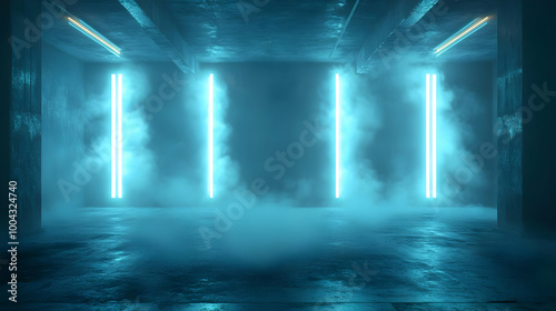 Abstract 3D Background with Blue Neon Lights and Smoke