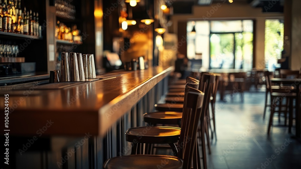 Cozy Bar with Dark Wooden Counter and High Chairs, Blurred Interior in the Background Cozy Bar with Dark Wooden Counter and High Chairs, Blurred Interior in the Background