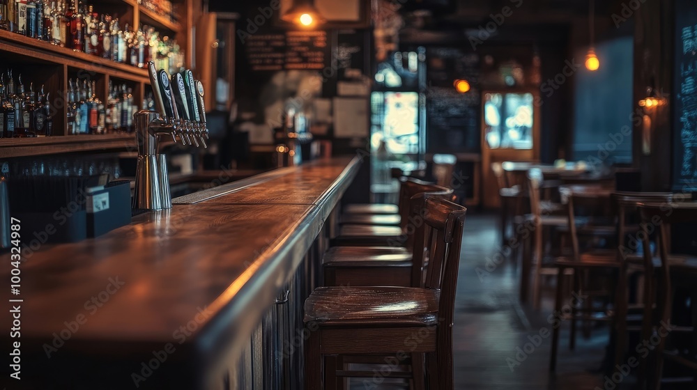 Cozy Bar with Dark Wooden Counter and High Chairs, Blurred Interior in the Background Cozy Bar with Dark Wooden Counter and High Chairs, Blurred Interior in the Background