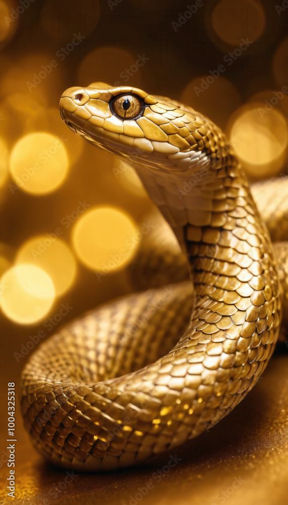 Golden snake on gold background with bokeh lights Golden snake on gold background with bokeh lights