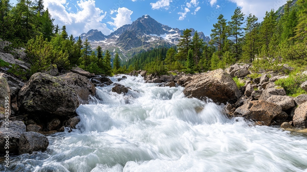 Mountain river flowing through rocky terrain under a blue sky with clouds. Mountain river flowing through rocky terrain under a blue sky with clouds.