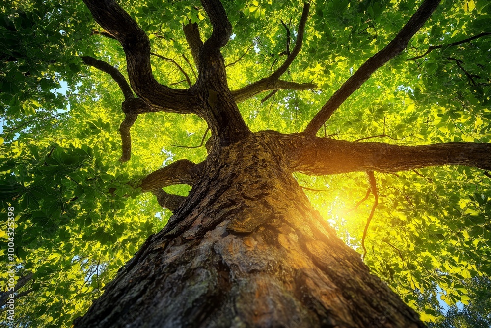 Naklejka premium A towering tree viewed from below with sunlight illuminating green leaves warmly.