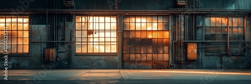 A factory wall with sunlit, grungy glass windows, piping, and shadows creating an industrial atmosphere.