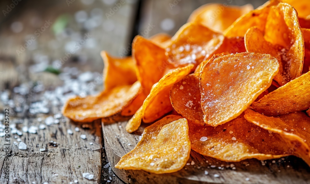 Savory Potato Chips with Salt and Spices on Wooden Table, AI generated illustration Savory Potato Chips with Salt and Spices on Wooden Table, AI generated illustration