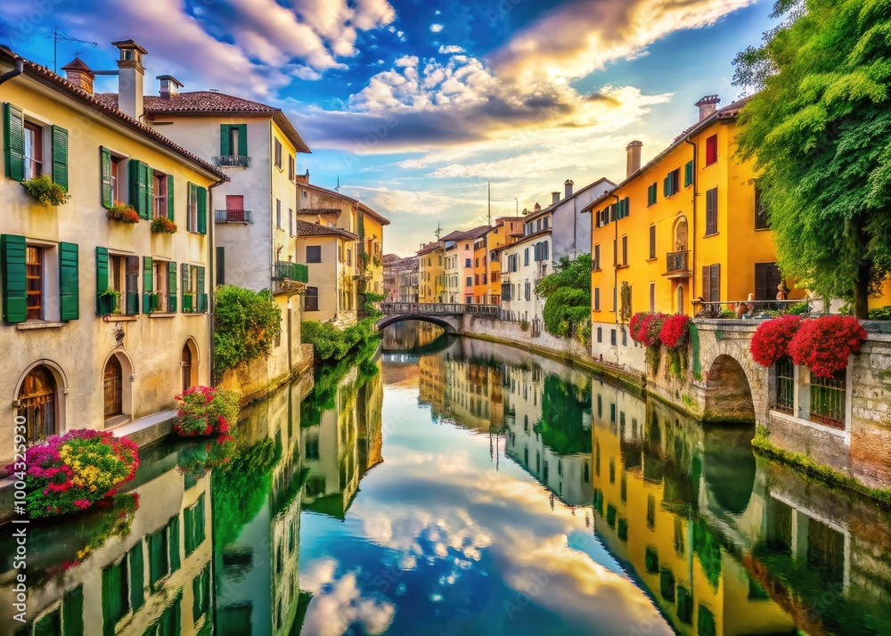 Obraz premium Picturesque canals and historic architecture in Treviso, Italy, showcasing the charm of Italian cities