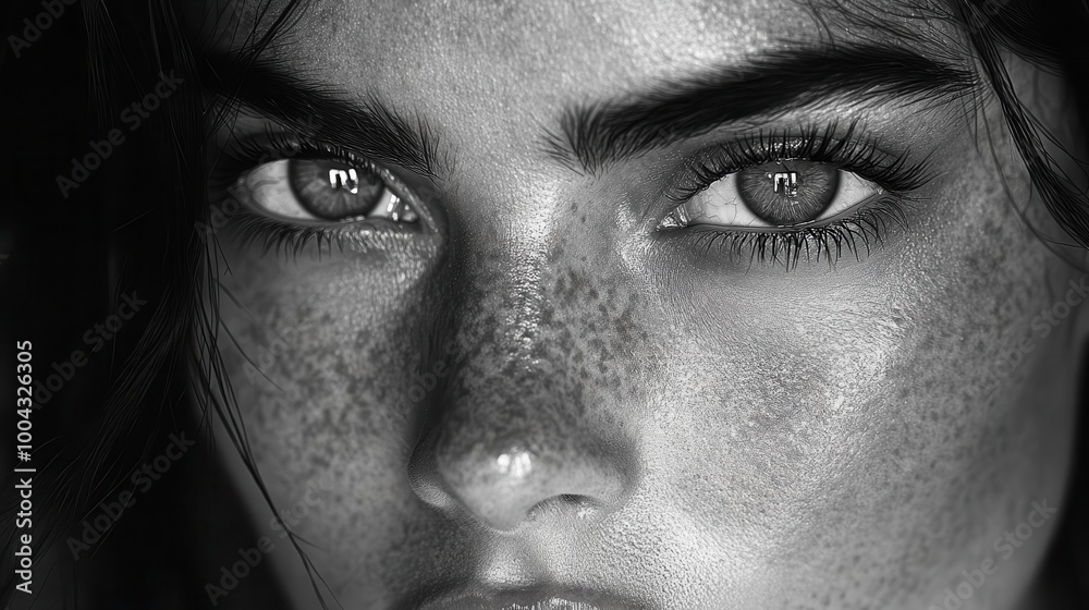 striking black and white portrait highlighting a womans expressive eyes dramatic contrasts of light and shadow conveying deep emotion and captivating intensity in the gaze striking black and white portrait highlighting a womans expressive eyes dramatic contrasts of light and shadow conveying deep emotion and captivating intensity in the gaze