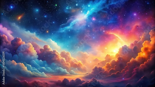 Fototapeta Naklejka Na Ścianę i Meble -  Abstract Cosmic Cloudscape with Vibrant Hues and Starry Sky Background