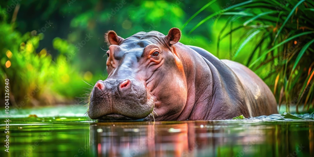 Fototapeta premium Playful Pink Hippopotamus in a Serene Water Environment Surrounded by Lush Greenery and Nature