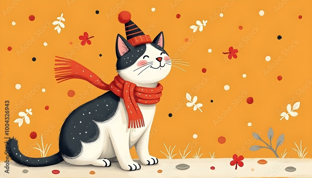 A joyful cat dressed warmly smiles surrounded by falling leaves and flowers in autumn colors A joyful cat dressed warmly smiles surrounded by falling leaves and flowers in autumn colors