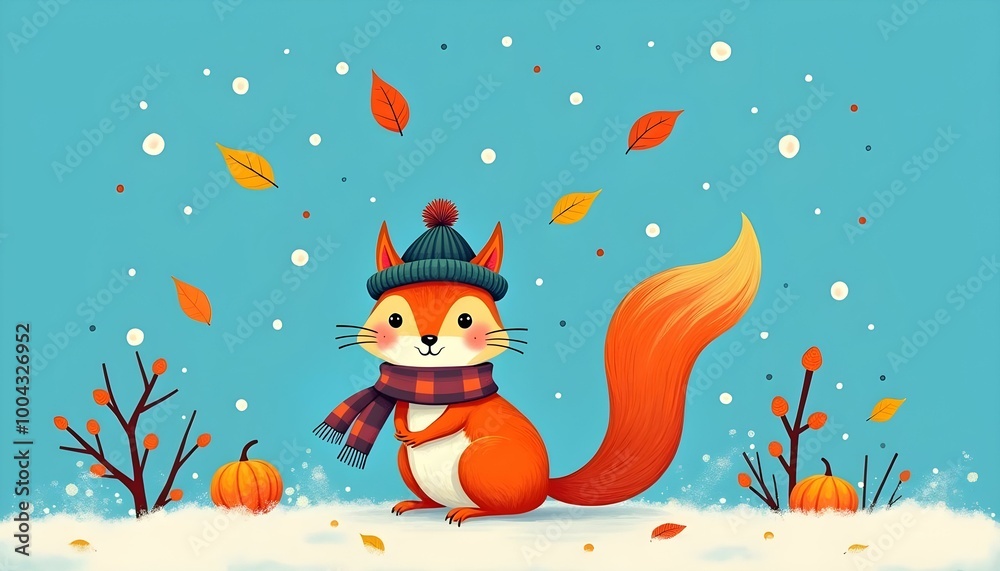 Naklejka premium A cheerful cartoon squirrel in a hat and scarf stands among colorful autumn leaves and pumpkins