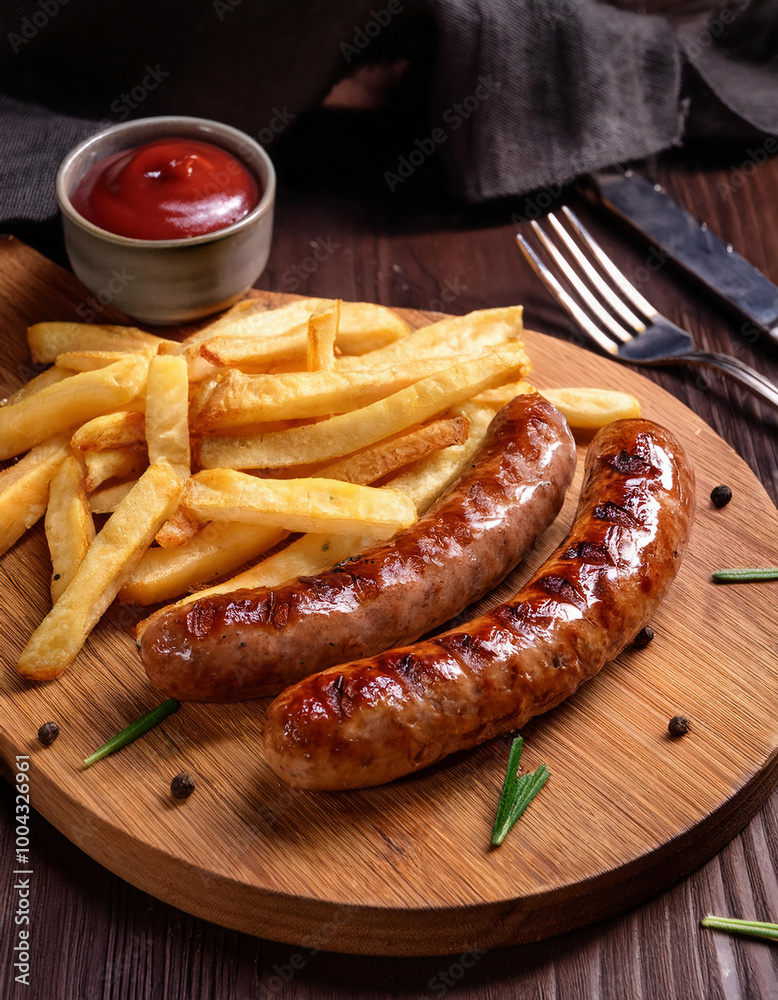 Grilled sausages with french fries and ketchup on wooden board Grilled sausages with french fries and ketchup on wooden board
