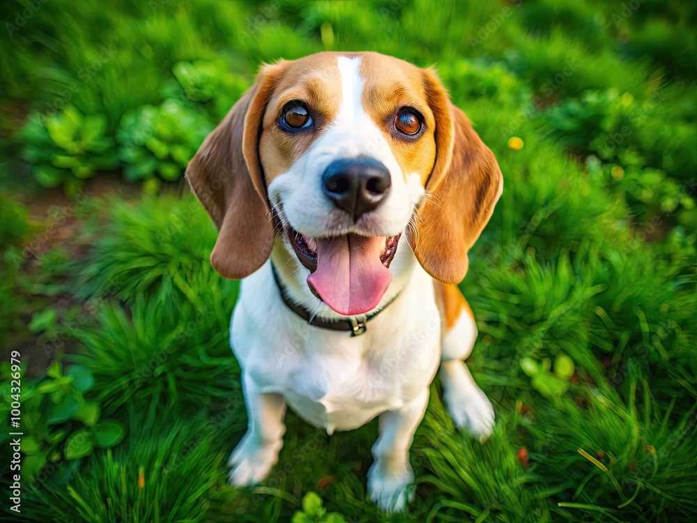 Playful white beagle sitting on grass with a cheerful expression in a bright outdoor setting Playful white beagle sitting on grass with a cheerful expression in a bright outdoor setting