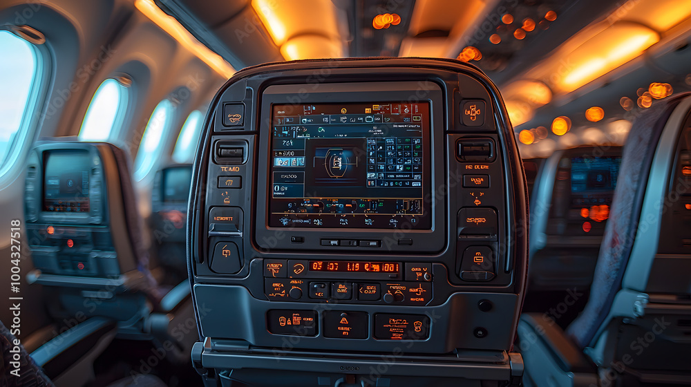 Interior view of an airplane cabin showcasing the intricacies of passenger entertainment screens and ambient lighting. Interior view of an airplane cabin showcasing the intricacies of passenger entertainment screens and ambient lighting.