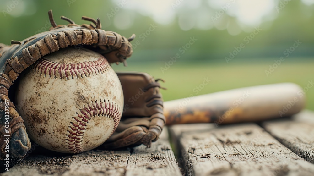 Closeup of wornout baseball gear mitt, bat, ball on a dugout bench during a tournament, baseball, tournament, gear Closeup of wornout baseball gear mitt, bat, ball on a dugout bench during a tournament, baseball, tournament, gear