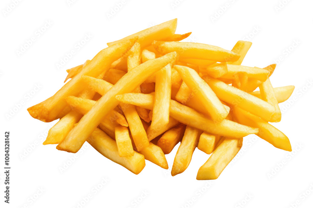 Crispy French fries scattered across a plain white background. Crispy French fries scattered across a plain white background.