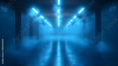 Blue Neon Lights in a Foggy Hallway 3D Illustration