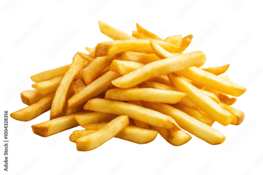 Crispy French fries scattered across a plain white background. Crispy French fries scattered across a plain white background.