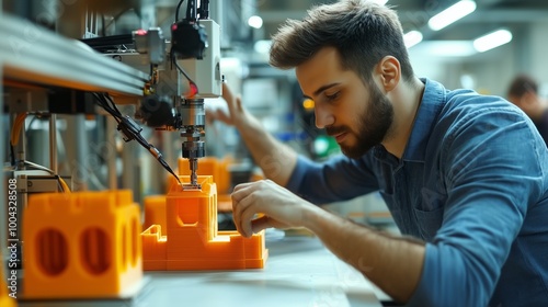 A technician focuses on fine-tuning a 3D printer in a modern workshop with orange plastic components in mid-production photo