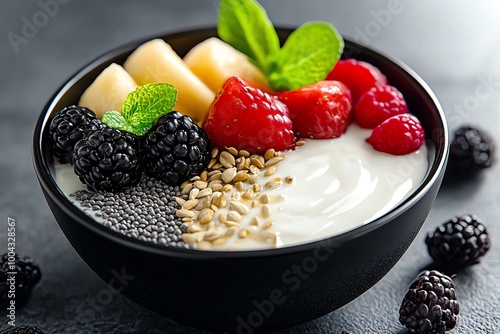 3D digital model of a weight loss smoothie bowl, with realistic textures of fruit, seeds, and yogurt in a lifelike digital scene photo