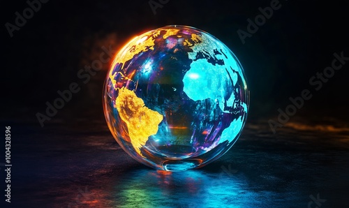 Neon-glowing Earth in a glass sphere, holographic effect. AI generated illustration