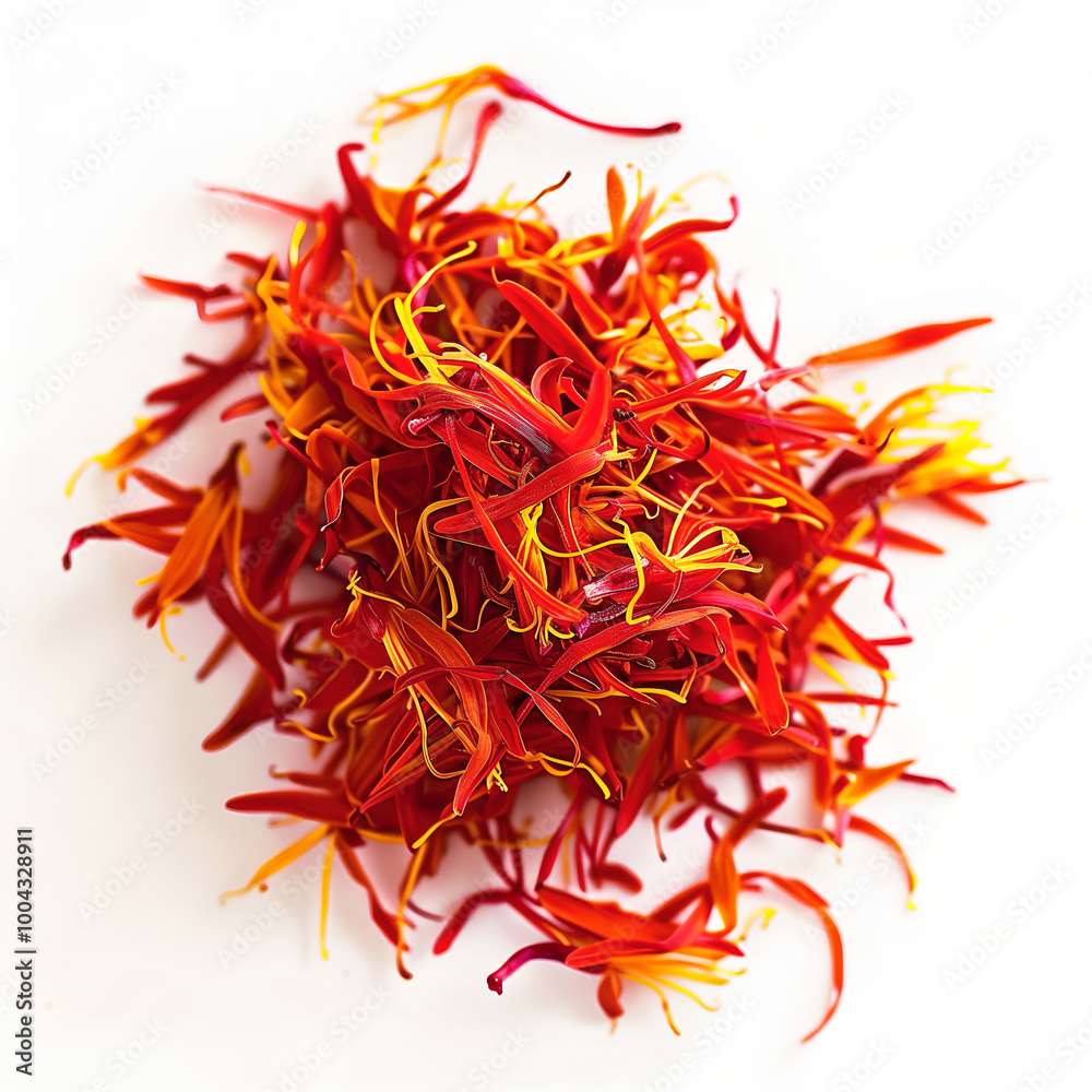Naklejka premium Dried saffron threads. Bunch of saffron stamens on white background, top view. Saffron spices. High resolution photo