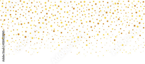 Gold stars falling down confetti on transparent background. Abstract glitter pattern, shiny sparkles border. Vector texture for Christmas, New Year or birthday party 